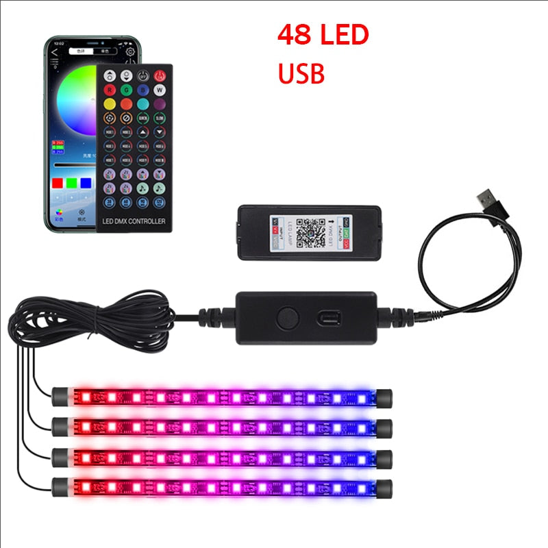 Luz LED para pie de coche, lámpara ambiental, aplicación USB, Control remoto de música, múltiples modos, luces decorativas interiores automotrices