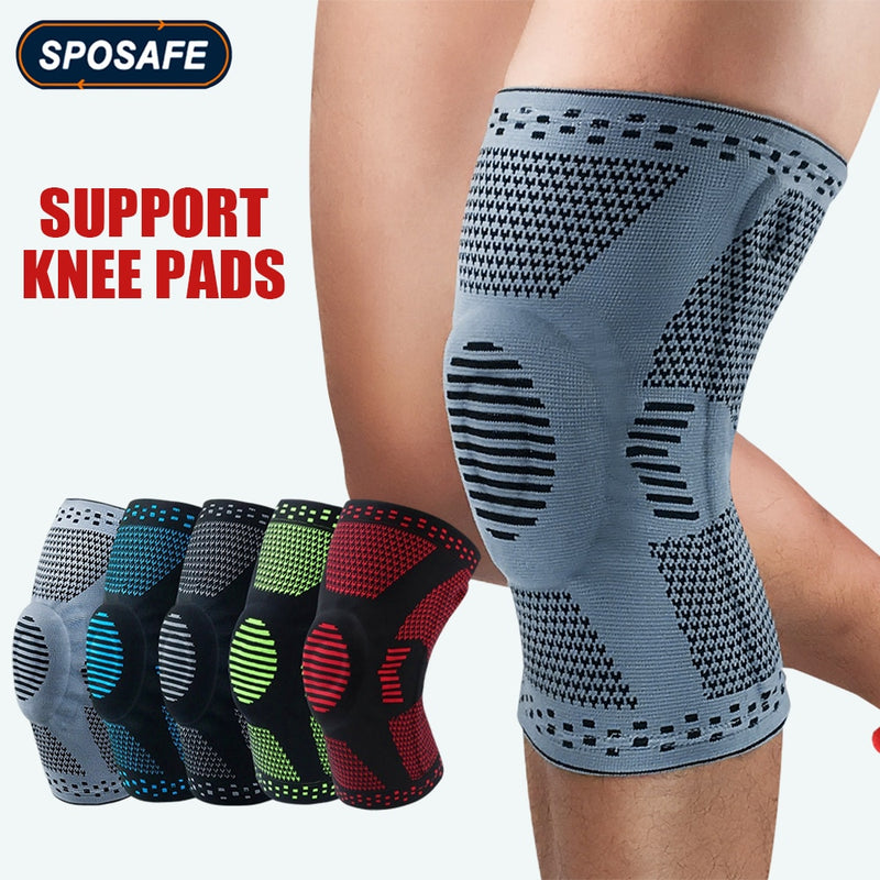 Sports Compression Knee Support Brace Patella Protector Knitted Silicone Spring Leg Pads for Cycling Running Basketball Football