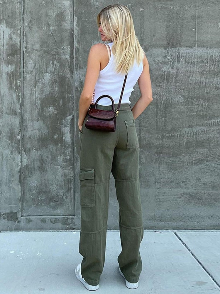 HEYounGIRL Lässige Vintage Grüne Cargohose Damenmode Baumwolle Hohe Taille Jeans Army Military Denim Hose Damen Taschen