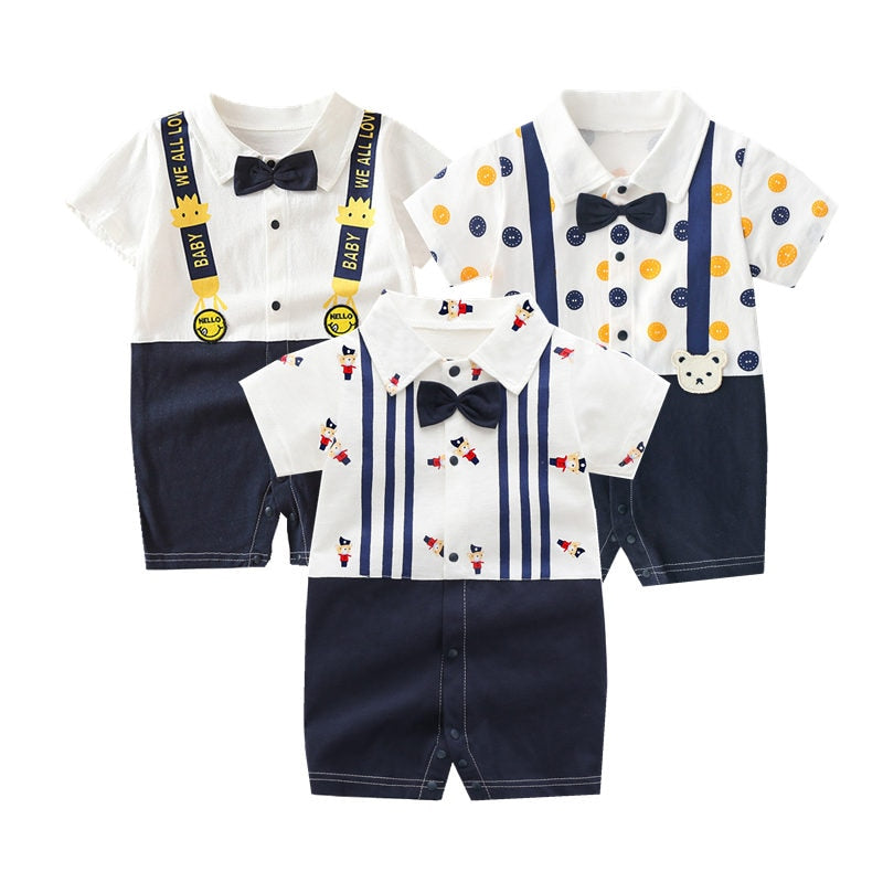 2023 summer baby clothes Casual romper newborn short sleeve cotton cartoon print stripe turn-down Infant baby boys clothing