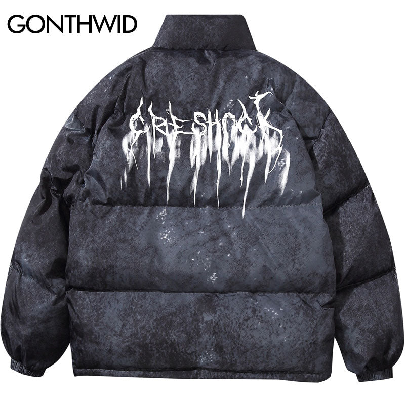 GONTHWID Graffiti Ink Tie Dye Print Cotton Padded Puffer Parka Jackets Streetwear Hip Hop Winter Casual Punk Rock Parkas Hipster