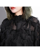 [EAM] 2022 New Spring Autumn Stand Collar Long Sleeve Perspective Black Loose Tassels Big Size Dress Women Fashion Tide JI780