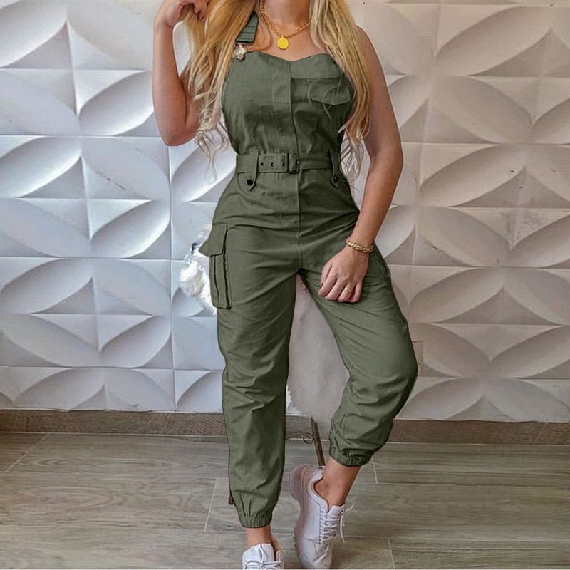 Strap Jumpsuit Women Loose Dungarees Long Rompers Summer Solid Pockets Cargo Pants Female Casual Work Out Playsuits Overalls