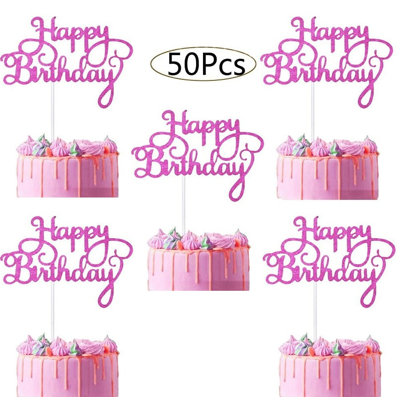 50Pcs Happy Birthday Cake Toppers Glitter Cardstock Baby Shower Kids Party Favors Decorations Cake Decoration Supplies