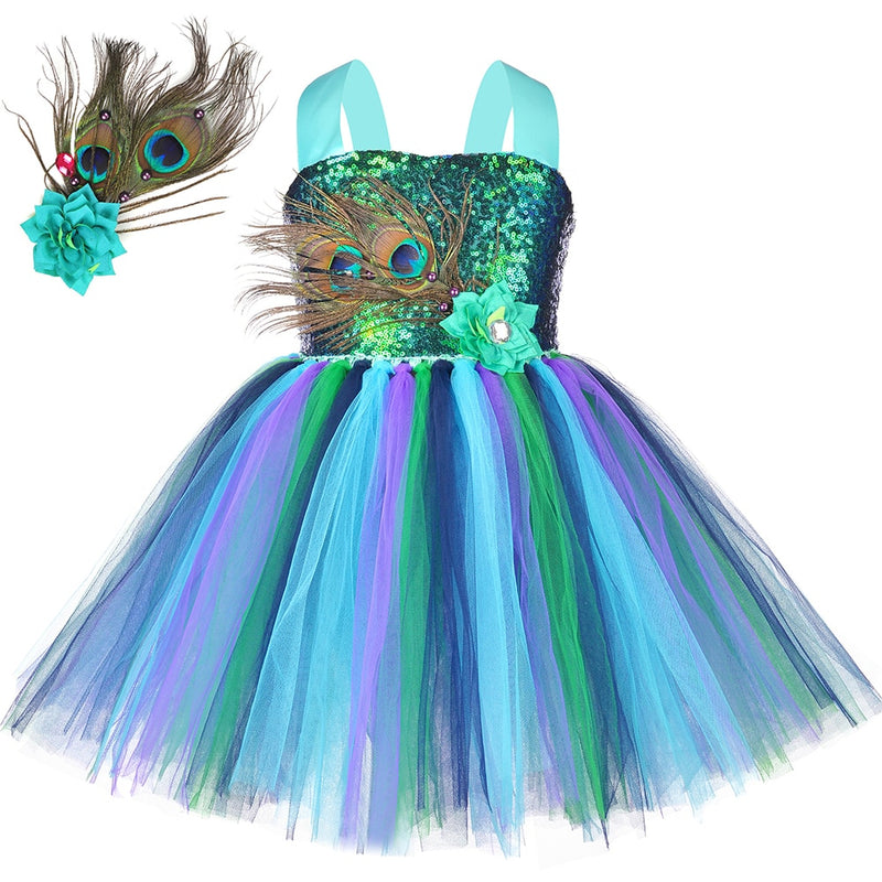 Flor plumas niñas pavo real tutú vestido niños tul princesa pavo real disfraz para niñas desfile Halloween cumpleaños fiesta vestido
