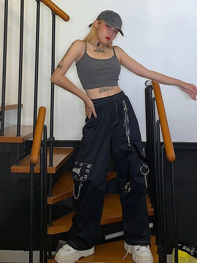 QWEEK Gothic Harajuku Black Cargo Pants Women Chain Wide Leg Goth Hippie Streetwear White Trousers Loose Female Baggy Fashion