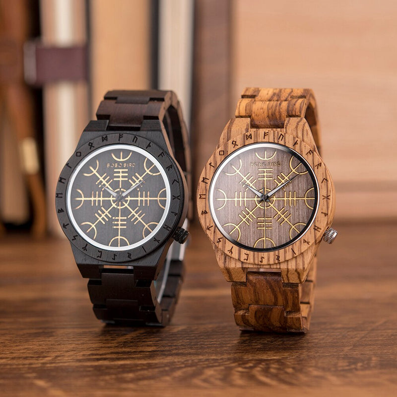 BOBOBIRD Wooden Watch With Helm of Awe Aegishjalmr or Vegvisir and Runic compass Personalized Watch часы мужские