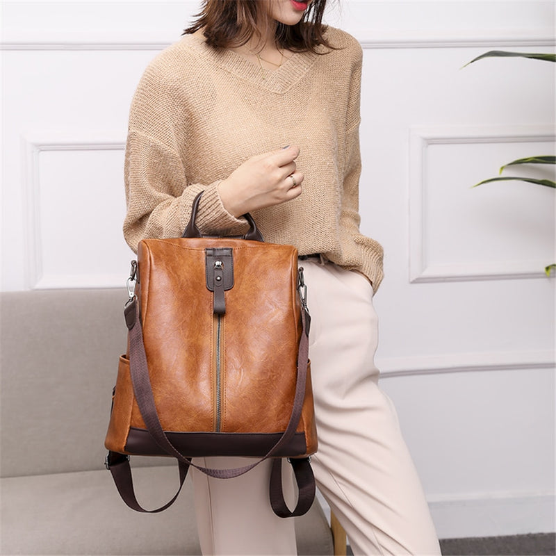 3 in 1 Retro Backpack Women PU Leather School Bags For Teenage Girls Anti-theft Ladies Shoulder Bags Simple Travel Backpack