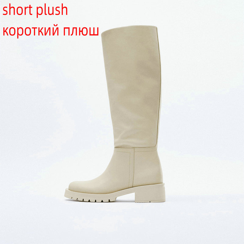 QUTAA INS Fashion Women Knee High Boots Full Cow Leather Warm Flats Thick High Heels Motorcycle Boots Woman Lady Shoes 34-43