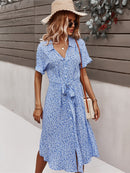 Spring Summer Ladies Bandage Dress Women Casual Medium Long Sleeve Button Floral Print Holiday Style Chic Dress Female 2022 New