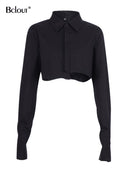 Bclout, Top corto informal, blusas para mujer, camisa blanca con cuello vuelto a la moda, blusa de manga acampanada, Tops sexys de otoño para mujer 2022