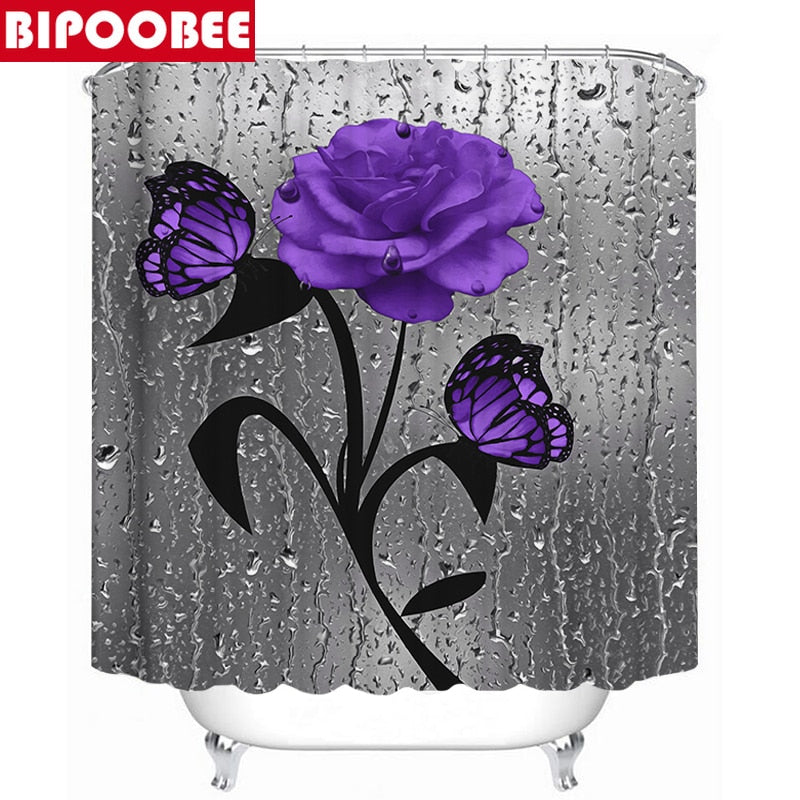 Purple Rose Flowers Shower Curtain Bathroom Curtains Set Butterfly Flower Bath Mats Toilet Lid Cover Anti-slip Carpet Home Decor