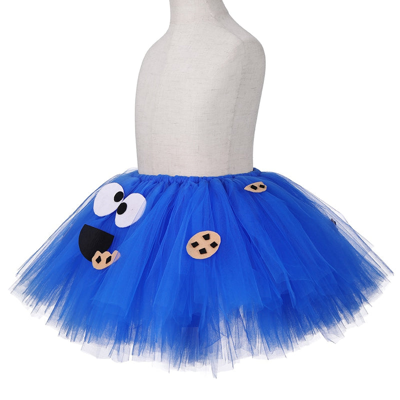 Conjunto de falda tutú para niñas monstruo de las galletas, falda de tul azul esponjoso para niñas, falda de fiesta de cumpleaños para niños, tutú para niñas, disfraz de Halloween