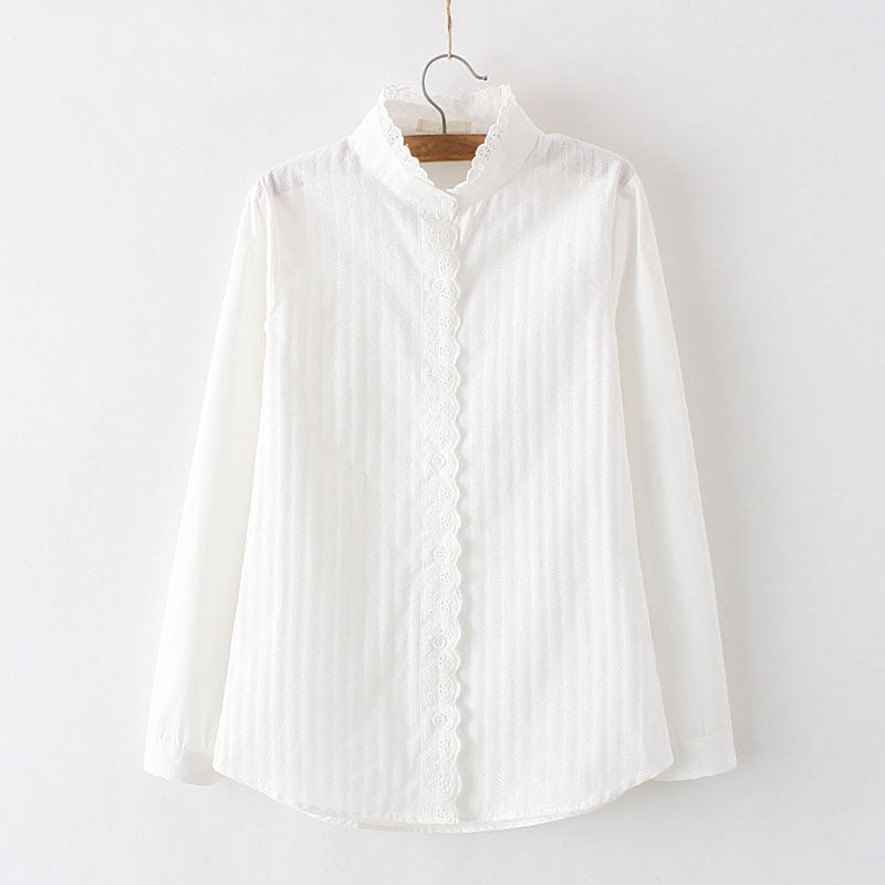 100% Cotton Women Lace White Shirts Summer Spring Long-sleeve Ruffle Slim Soft Blouse Tops 0.15 Kg