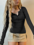 Rapwriter Casual Wave Line Ribbed V-Neck Long Sleeve Crop Top Basic Solid T-Shirt Girl 2023 Streetwear Stretch Tee Shirt femme