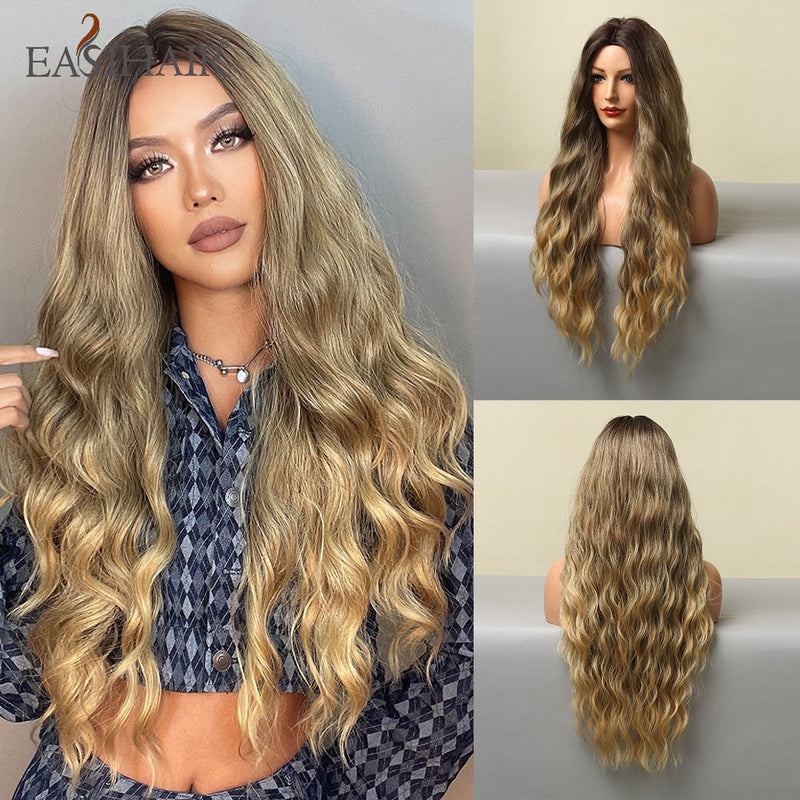 EASIHAIR Lange hellblonde Perücken im Ombré-Stil mit natürlichen Wellen, hitzebeständig, synthetische Perücken, Mittelteil, Cosplay-Perücken für Frauen