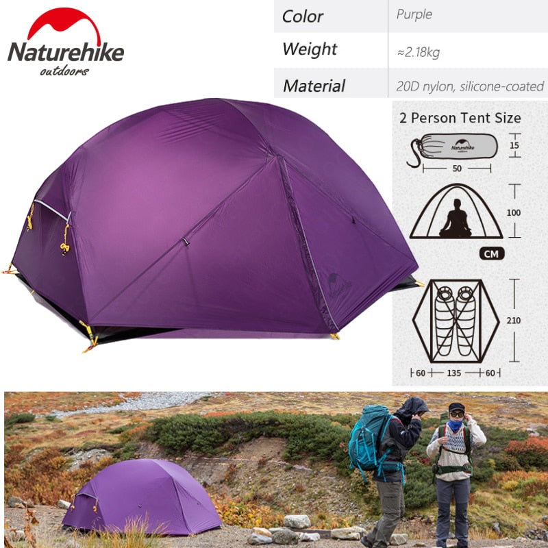Naturehike Mongar 2-3 Person Camping Tent 15D Nylon Upgrade Double Layer Outdoor Tent Ultralight Waterproof Travel Hiking Tent