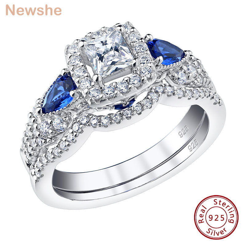 Newshe 2Pcs Solid 925 Sterling Silver Wedding Engagement Rings for Women Princess Cut Blue Pear AAAAA Zircons Bridal Set