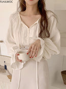 Lindas blusas elegantes de hadas estilo coreano japonés 2022 otoño manga acampanada Casual Color Beige mujeres con cordones pajarita Top y blusas