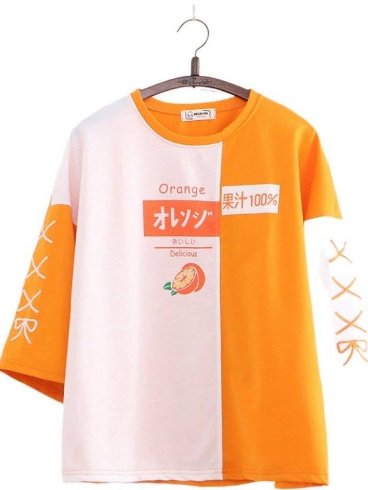 Korean Fashion Summer Women T-shirt Kawaii Clothes Orange Embroidery Patchwork Short Sleeve Cotton T Shirt Cute Sweet Girls Tops