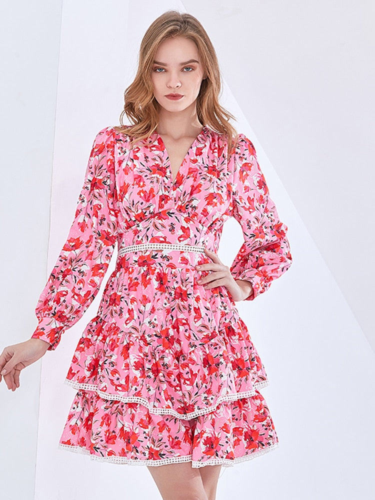 TWOTWINSTYLE Print Floral Hit Color Dress For Women V Neck Long Sleeve Mini Dresses Female Fashion New Clothing 2021 Spring Tide