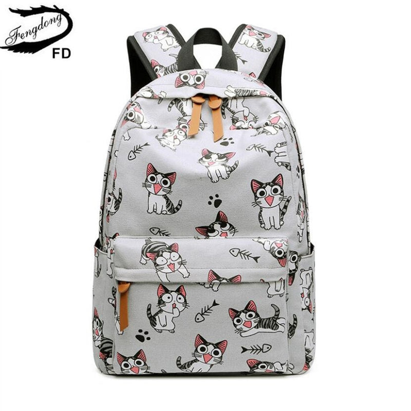 Fengdong, mochilas escolares para niñas adolescentes, mochilas escolares para niños, mochila escolar de lona con estampado de animales bonitos, mochila para niños y gatos