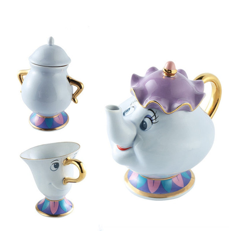 ¡Promoción! Juego de té de La Bella y La Bestia de dibujos animados, tetera Mrs Potts, taza con Chip, azucarero, olla Cogsworth, café, cumpleaños, regalo de Navidad