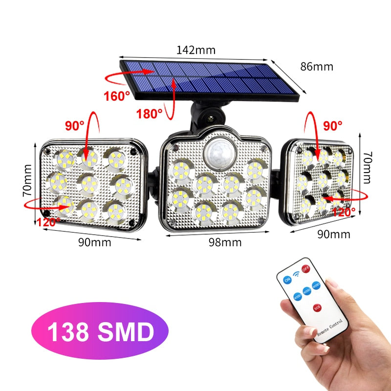 138 171 192 LED Solar Light Outdoor 3 Head Motion Sensor Wide Angle Illumination Waterproof Solar Wall Lamp Garden Garage Lights