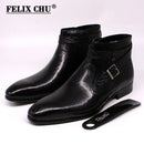Botines hechos a mano para hombre Felix Chu, botas de moto de cuero genuino para hombre, zapatos de vestir altos con correa de hebilla roja negra para hombre