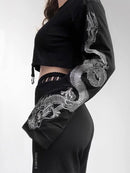 InsGoth, Top corto negro con capucha para mujer, sudadera gótica Punk Grunge con estampado de dragón Harajuku, sudadera holgada, jersey para mujer