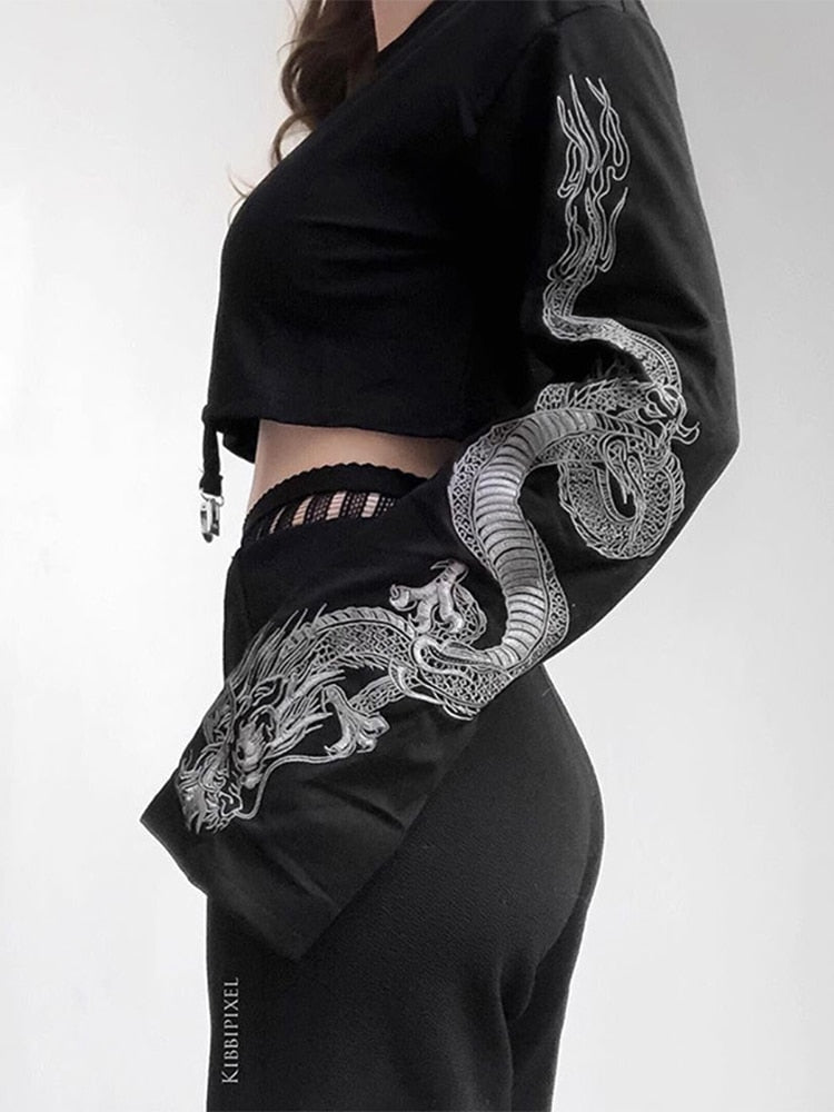 InsGoth Schwarzes Crop Top Hoodie Damen Sweatshirt Gothic Punk Grunge Dragon Printed Harajuku Loose Sweatshirt Pullover Female Top