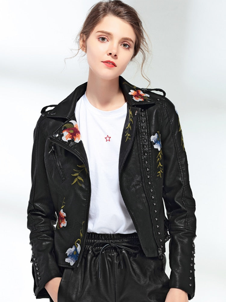 Ftlzz Women Floral Print Embroidery Faux Soft Leather Jacket Coat  Turn-down Collar Casual Pu Motorcycle Black Punk Outerwear