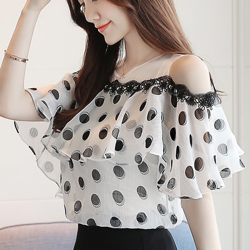 Fashion Women Tops and Blouses 2023 Short Sleeve Ladies Tops Polka Dot Chiffon White Blouse Shirt Blusas Feminine Blouses 0611