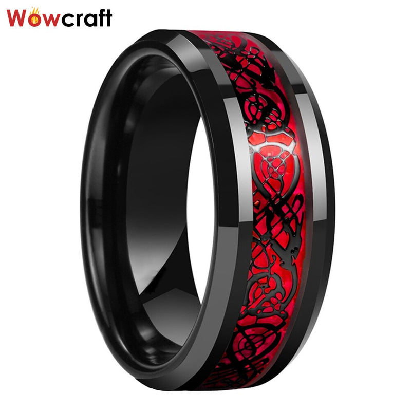 8 mm Wolfram-Eheringe für Männer und Frauen Gunmetal &amp; Black Plated Opal Dragon Inlay Abgeschrägte Kanten Comfort Fit