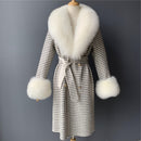 2020 Wool Coat Women Pied De Poule Natural Fox Fur Collar Cashmere Wool Blends Long Outerwear Ladies Streetwear