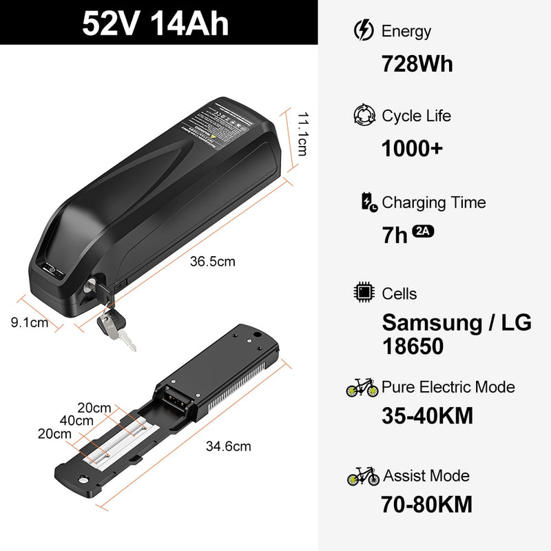 Electric eBike Battery Hailong Samsung 18650 Cells Pack 52V 14Ah 48V 36V 13Ah 15.6Ah 17Ah 20Ah Powerful Bicycle Lithium Battery