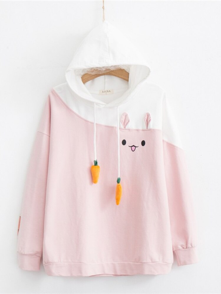 Merry Pretty Women Hoodies Animal Lovely Pullover Kawaii Rabbit Sweatshirt Cute Bunny Graphic Oberbekleidung Pink Black Hoodie Girls