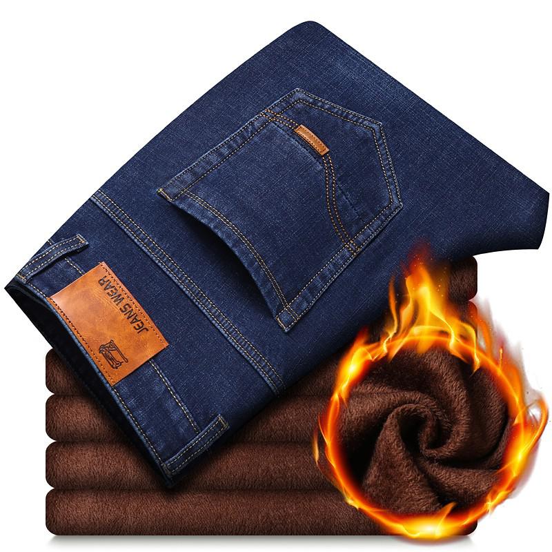 Winter Thermal Warm Flannel Stretch Jeans Mens Quality Famous Brand Fleece Pants Men Straight Flocking Trousers Jean Male