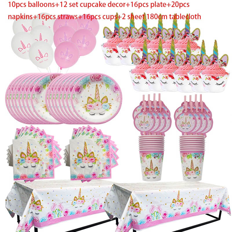 Unicorn Party Supplies Disposable Tableware Set Kids Birthday party Decoration Unicornio Decor Plates Cup Banner Baby Shower