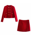 xikom 2021 Tweed Two pieces set Women red Vintage O Neck Long Sleeve Office Lady slim Blazer Coat Female Hight Waist skirt suit