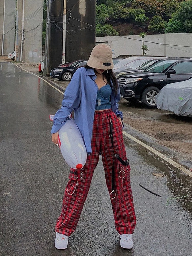 QWEEK Checked Trousers Women Japanese Streetwear Punk Cargo Pants Women Hippie Chain Harajuku Indie Y2K Aesthetic Hip Hop