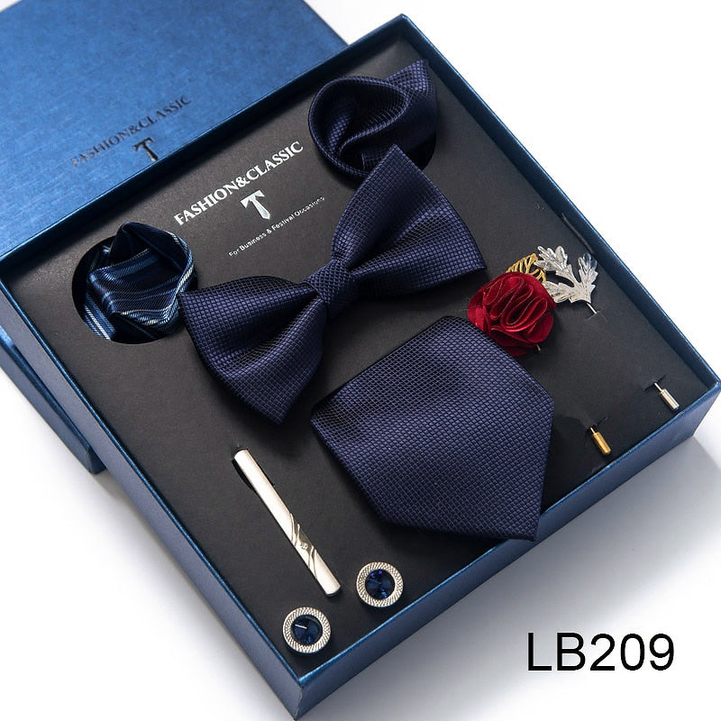 Envío Gratis, conjunto de corbata para hombre, caja de regalo de lujo, conjunto de corbata de seda, 8 Uds., embalaje interior, regalo festivo, pañuelos de bolsillo