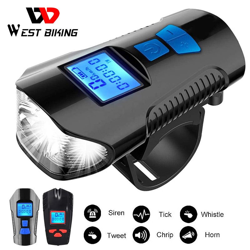 Bicycle Light USB Rechargeable Bike Odometer Front Light Flashlight with Computer LCD Speedometer Cycling Head Lantern Horn