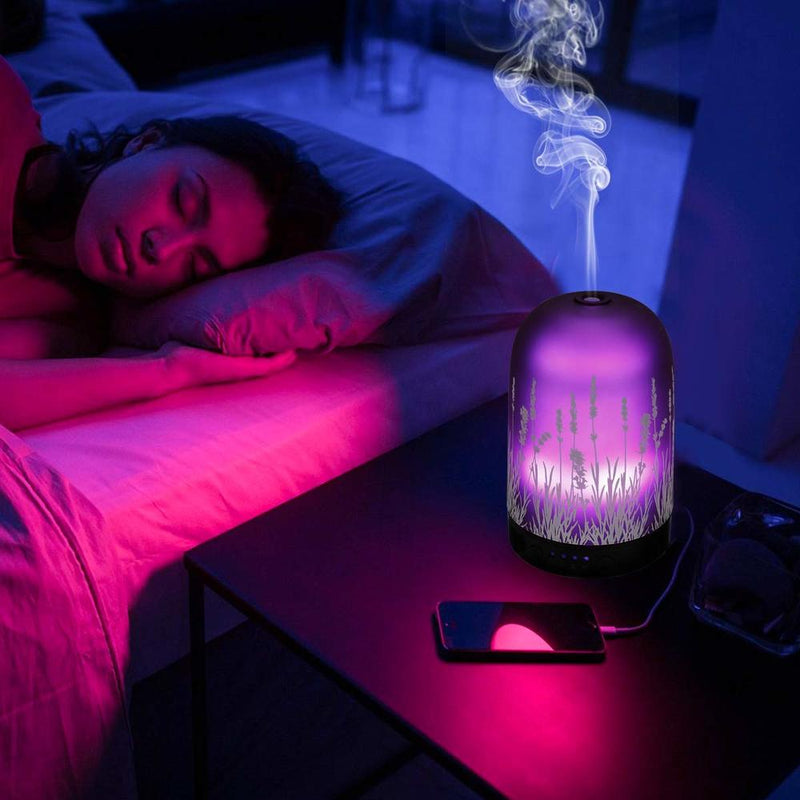 Lavender Ultrasonic Aroma Diffuser Glass Air Humidifier Essential Oil Aromatherapy Machines Fragrance Cool Mist 100ml 7Color LED