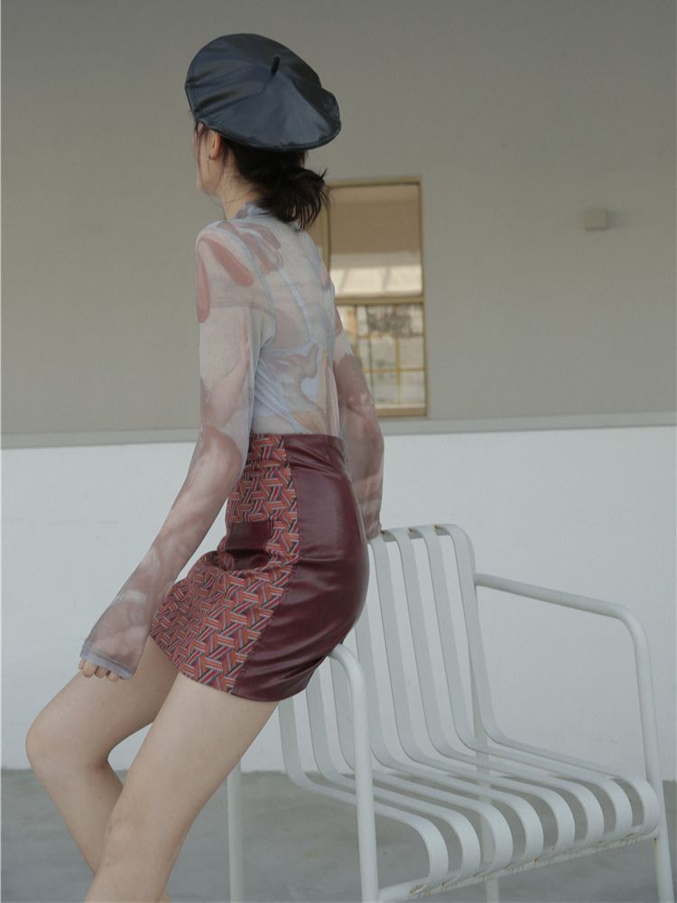 CHEERART Sheer T Shirt Women Turtle Neck Mesh Top Painting Print Long Sleeve Tee Shirt Femme Body Tight Underwear Fall Clothes