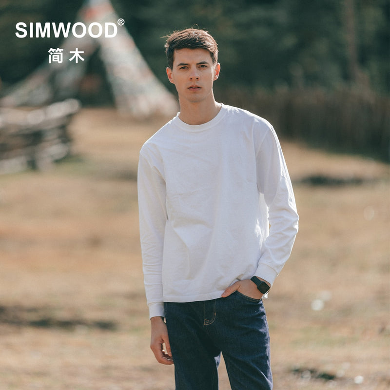 SIMWOOD 2022 Spring New Long Sleeve T Shirt Men Solid Color 100% Cotton O-neck Tops Plus Size High Quality T-shirt  SJ120967