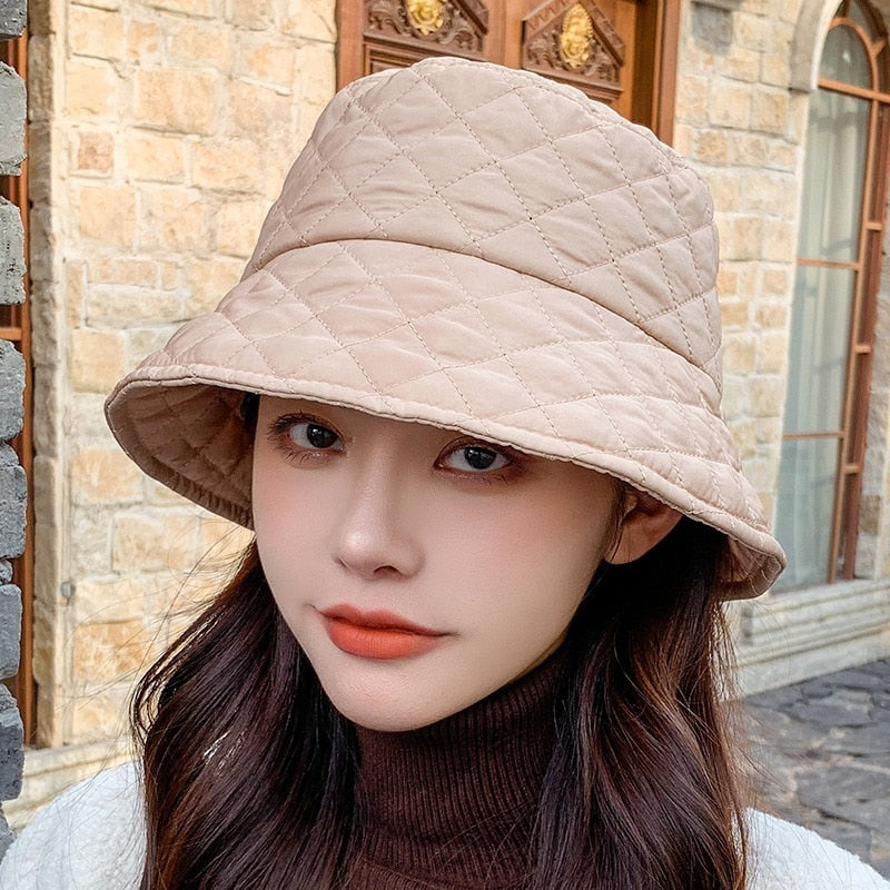 Sparsil Women Autumn Winter Foldable Bucket Hats Solid Lattice Silk Wadding Caps Keep Warm Prevent Cold Basin Fisherman Hat