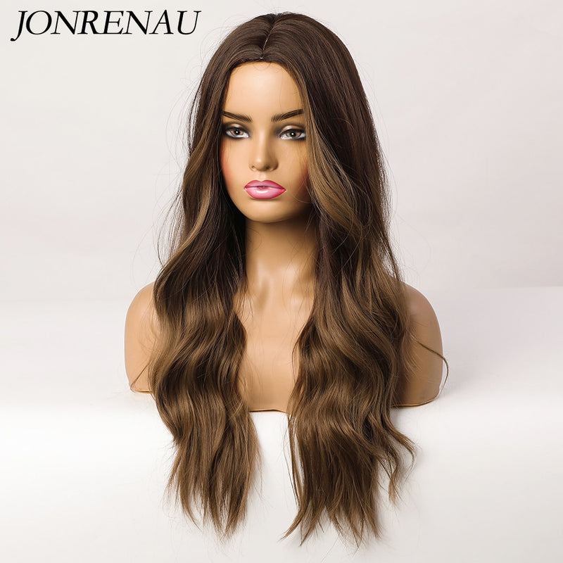 JONRENAU Long Natural Wave Middle Part Hair Gradient Dark Brown Synthetic Wigs  for Women Daily Cosplay Use Heat Resistant Wig