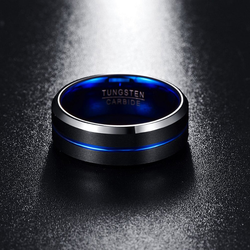 NUNCAD Herren-Ring aus Wolframcarbid, 8 mm, blau und schwarz, matt, mit abgeschrägten Kanten