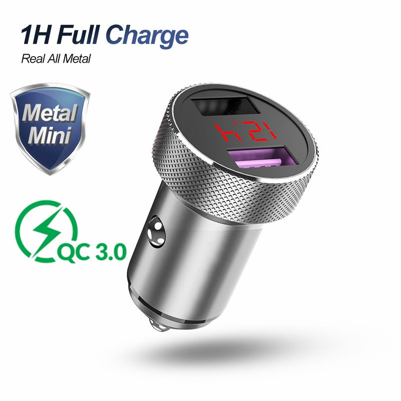 Metal QC 3.0 Digital LED Display Dual USB Car Charger for Mobile Phone Fast Charger Usb Charger for iPhone Samsung Xiaomi Huawei